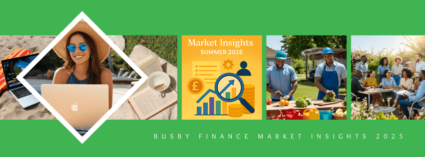 Illustration showing summer market trends for UK SMEs, including a rising bar chart, pound symbol, and magnifying glass.