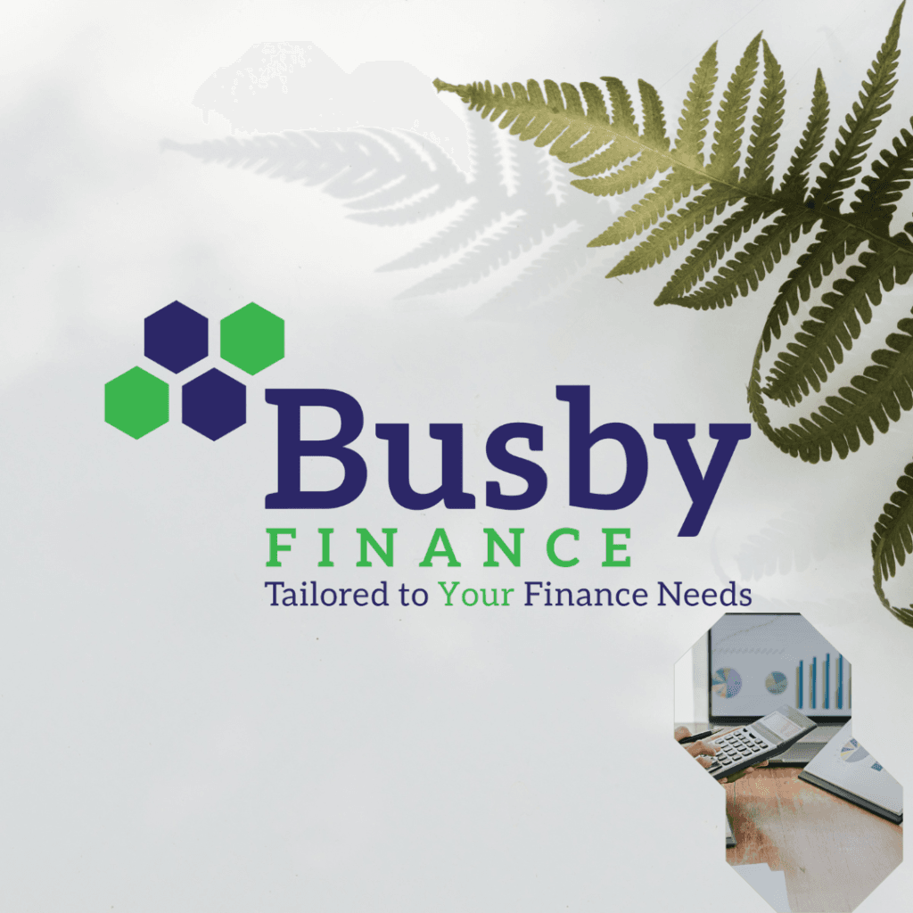 Busby Finance logo with tagline ‘Tailored to Your Finance Needs’, green and navy branding with fern leaf and business charts design.